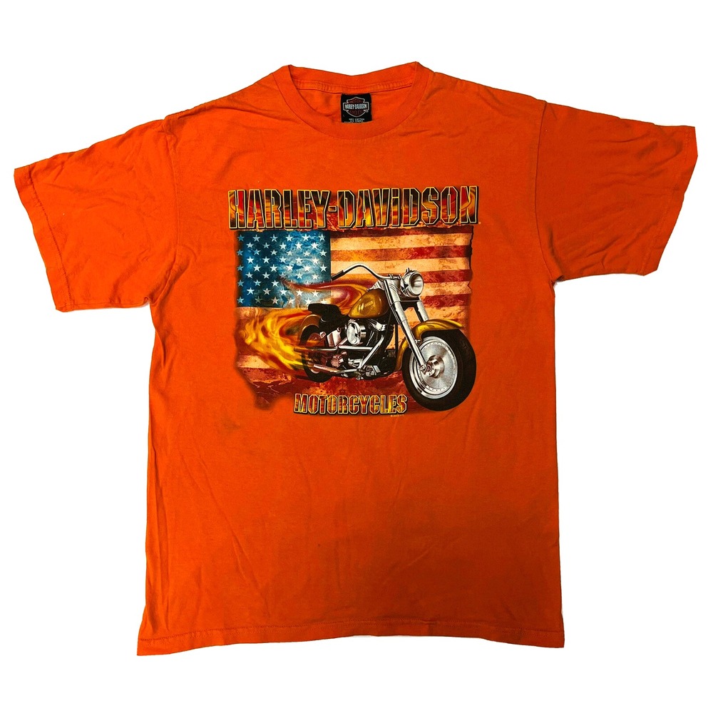 Harley-Davidson Jones Little Rock AR Dealer T-Shirt L Orange Flag Motorcycle Bik